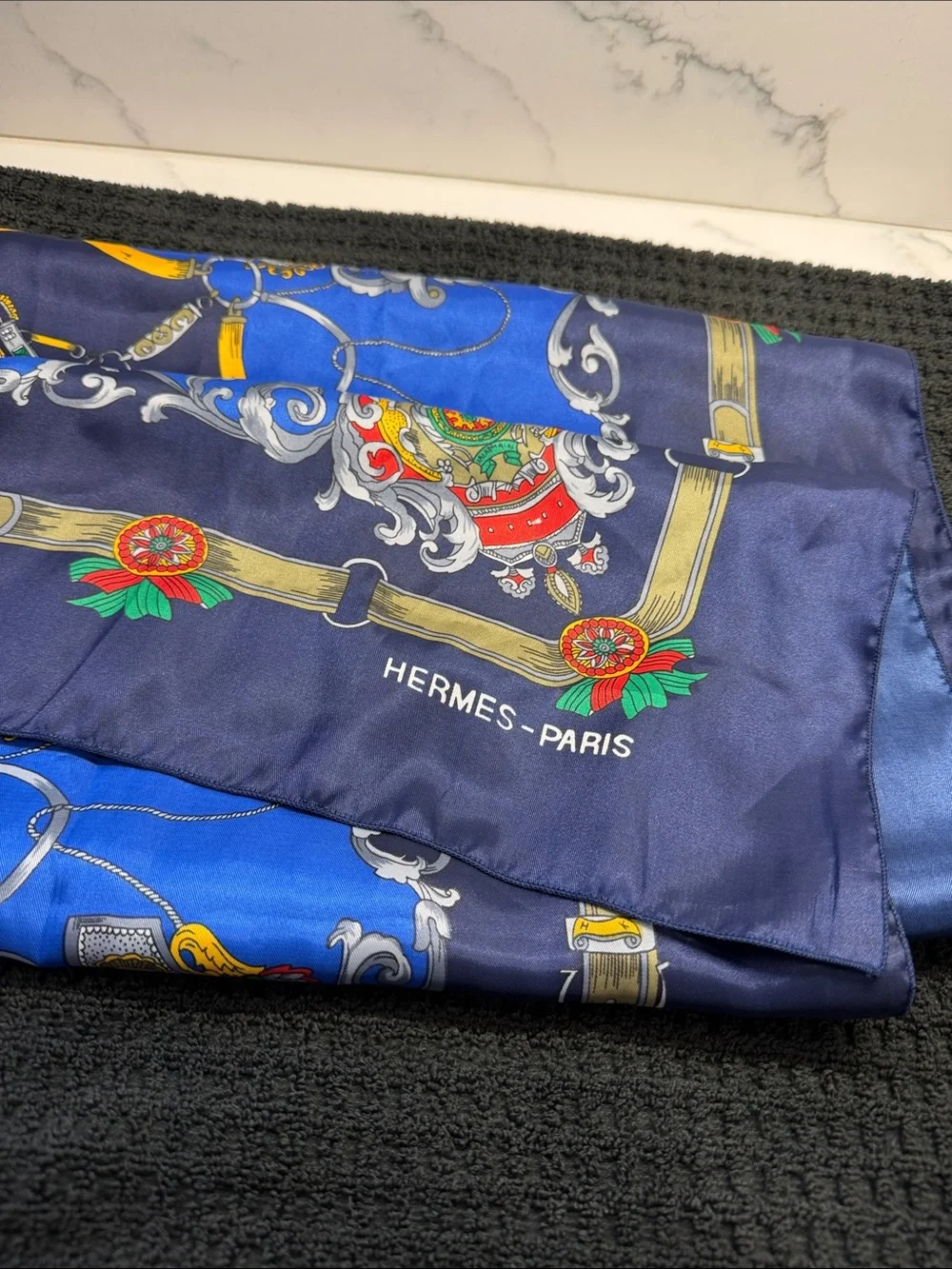 Elegant Blue and Red Patterned Silk-Feel Scarf